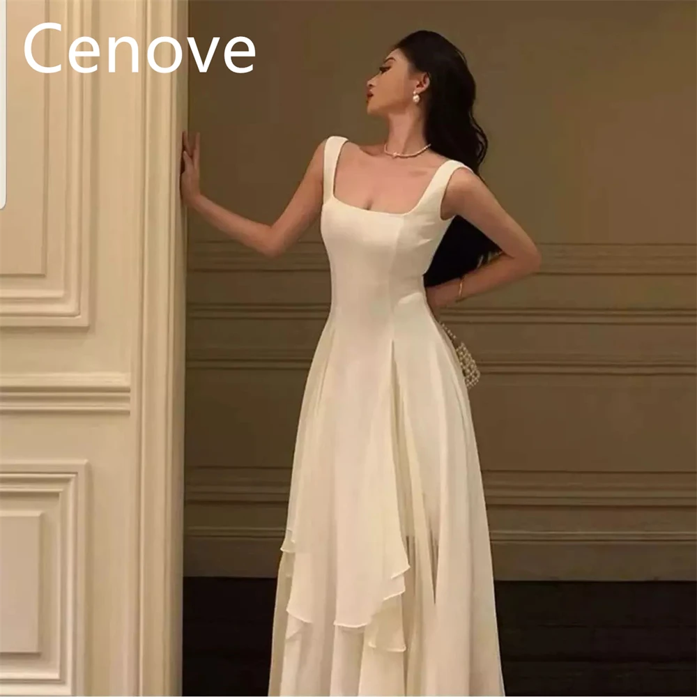 Cenove White A-Line Square Neckline Prom Dress Short Sleeves With Ankle-length Evening Summer Elegant Party Dress For Women 2023