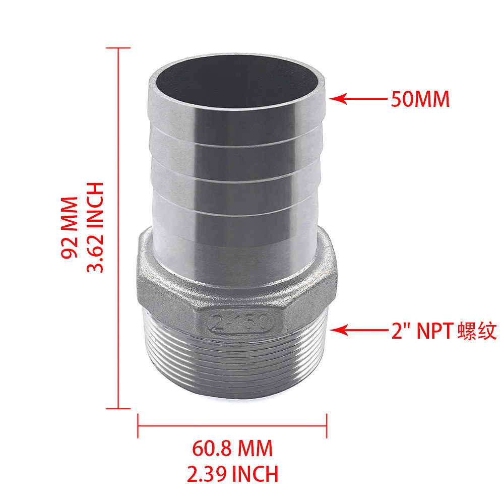 

Stainless Steel Hose Fitting Adapter 50mm Hose Hook-Up to 2' NPT External Thread for Plumbing And Pneumatic Fittings