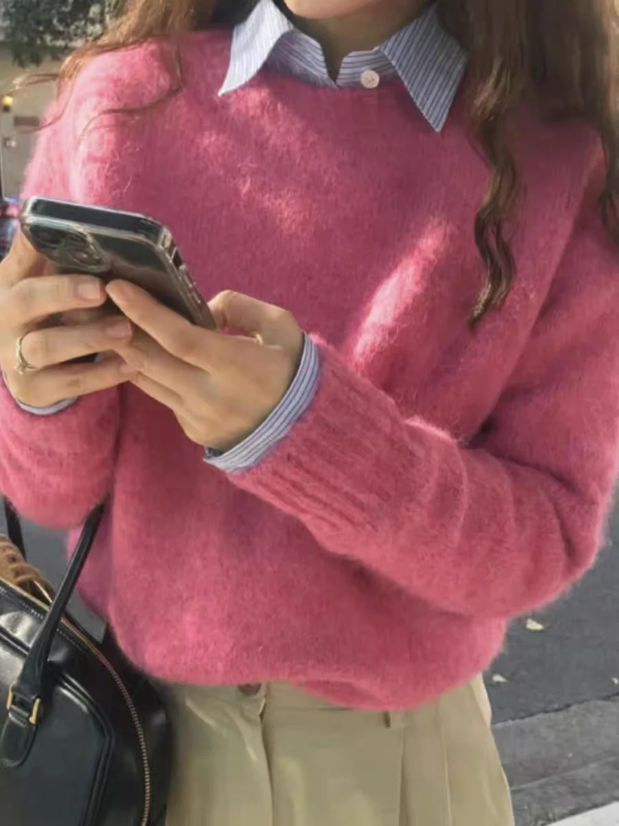 

Miss Candy Sienne Gentle Aosphere Alpaca Wool Overhead round Ne Long Sve Knitted Sweater Women's Sweet Sle Spring Au...