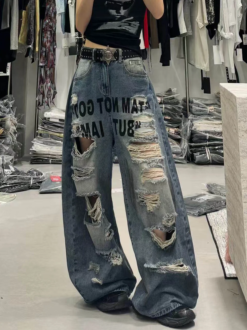 

Retro American Letter Print Hole Denim Jeans Women Loose Casual Wide Leg Floor-Length Pants High Waist Multi-Pocket Breathable