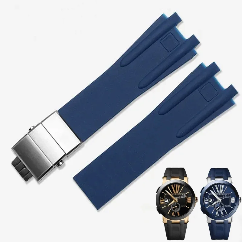 Silicone Rubber Watch Band for Athens Ulysse Nardin watch series Double press Fold buckle Men sports Blue Brown watch strap 26mm