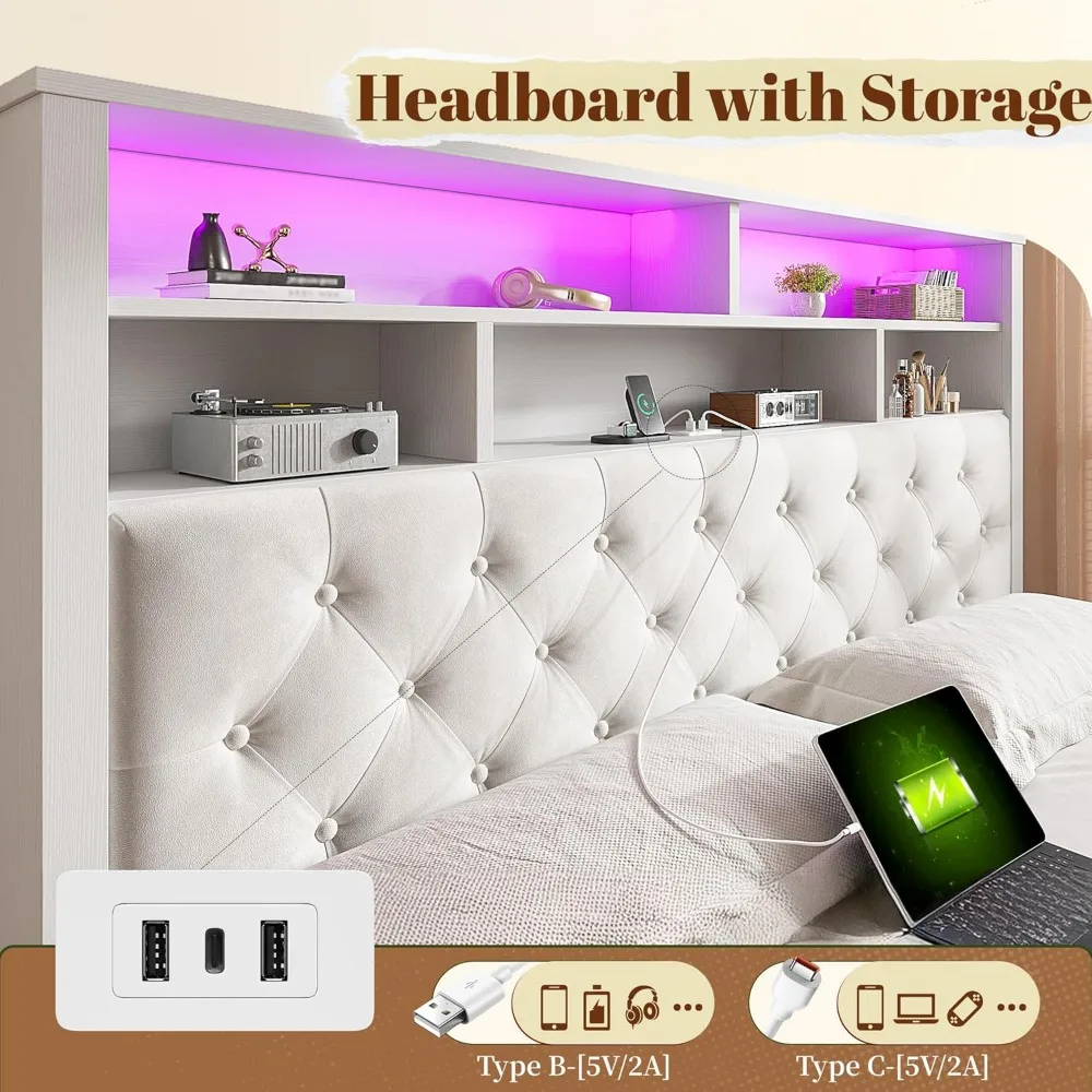 إطار سرير خشبي بحجم كوين مع مساحة تخزين، ومحطة شحن، وأضواء LED، ولوح رأسي منجد