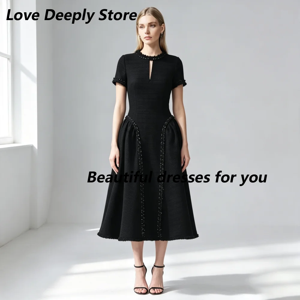 Customized Black Tweed Mother Of The Bride Gown Short Sleeve Keyhole Neck Fringe Crystal Trim Fit And Flare Wedding Guest Dress