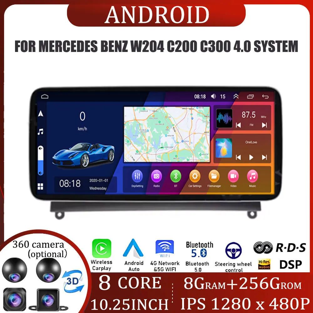 

10.25 For Mercedes Benz W204 C200 C300 4.0 System Android Touch Screen Accessories Auto Carplay Video Radio Monitors Multimedia