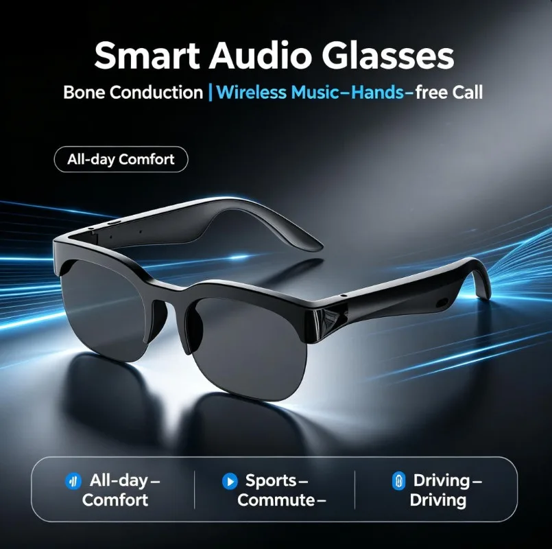 Bone Conduction Smart Audio Glasses Bluetooth 5.3 Wireless Music Hands‑free Call Comfort Eyeglasses for Sports Commute Driving