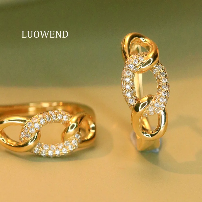 

LUOWEND 100% 18K White/Yellow Gold Earrings Fashion Chain Design Real Natural Diamond Hoop Earrings for Women High Party Jewelry