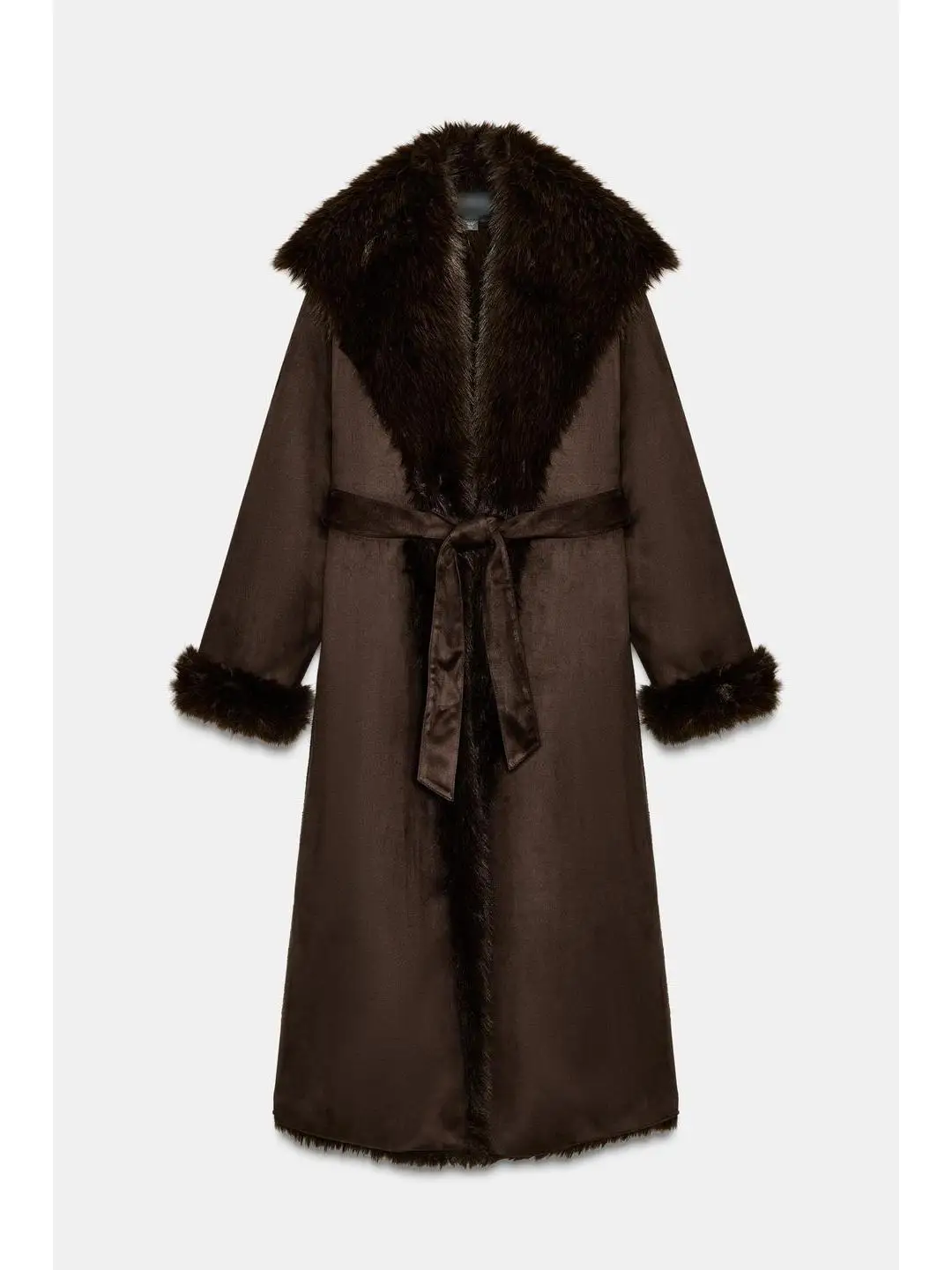 Płaszcz damski z efektem sztucznego futra na jesień i zimę, z paskiem, długi, w stylu ulicznym, z wiązaniem, wełniany.