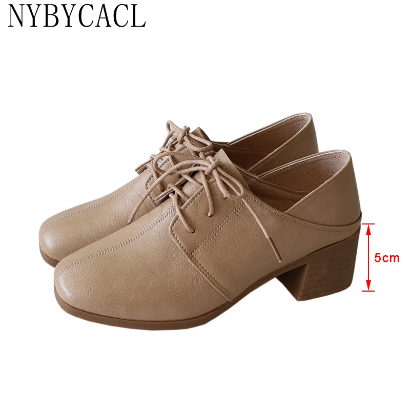 Women 2022 New Casual British Style Single Shoes Female Mid Thick Heel Lace Up Solid Small Shoes College Style Retro Work Shoes