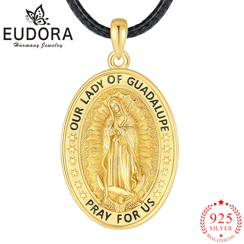 

Eudora Virgin Mary Necklace 925 Sterling Silver Plated 18K Gold Mother of God Medallion Pendant Prayer Jewelry Gift for Men