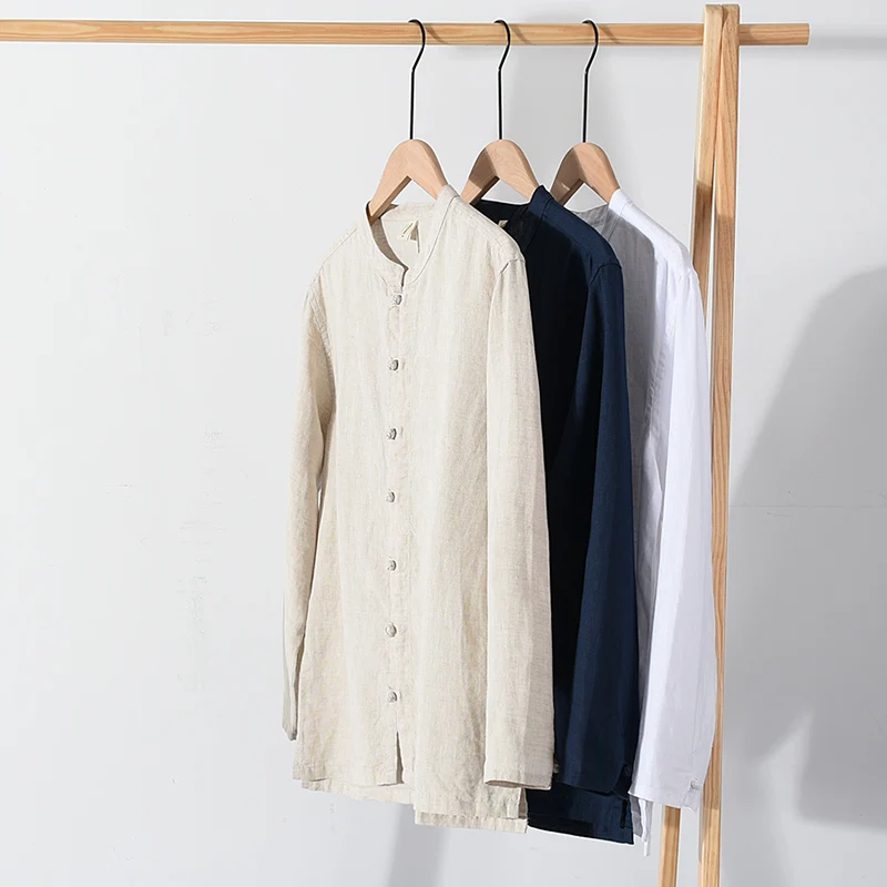 

High-End Linen 100% Shirts For Men Long Sleeve Frog Button Solid Summer Quality Breathable Casual Tang Costume Camisas De Hombre
