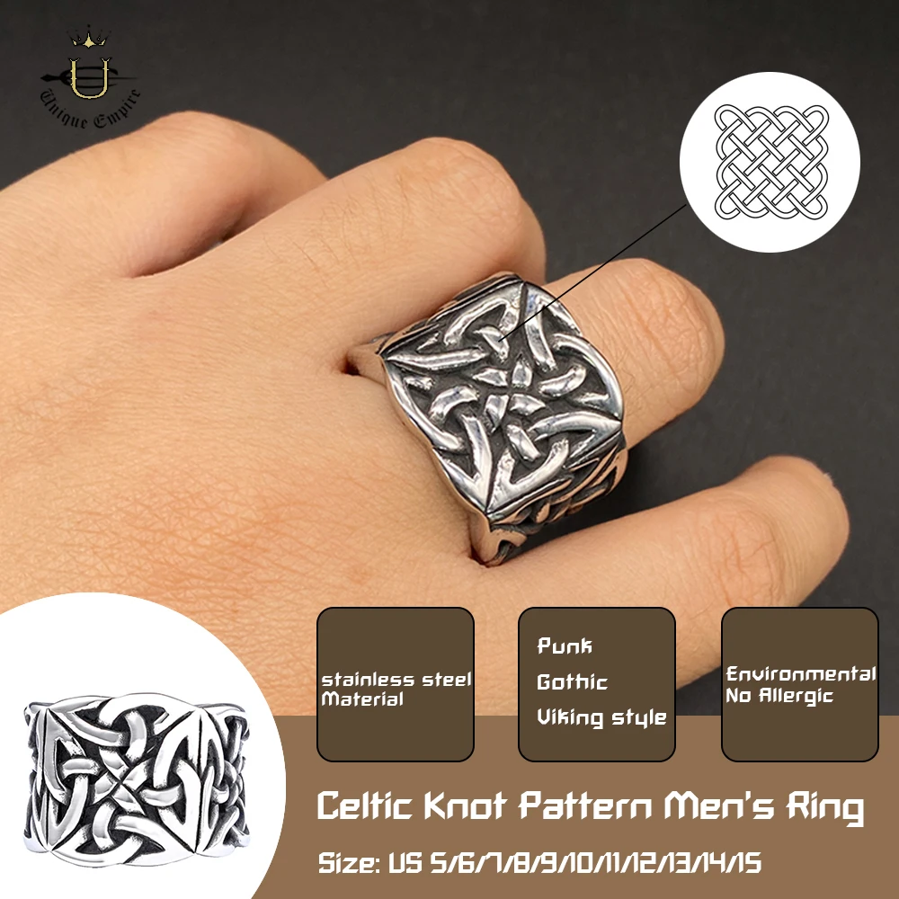 Men Stainless Steel Viking Style Warrior Band Ring Celtic Knot Pattern Unique Pagan Amulet Jewelry Gift for Boyfriend Anniversar