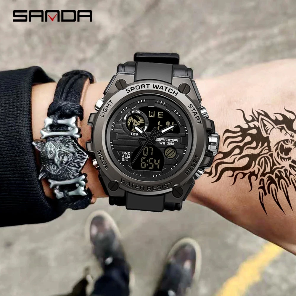 

SANDA Youth Fashion Digital Watch Men Shockproof Waterproof Dual Wristwatches LED Chrono Alarm Clock Mens Watches Cool Hour 739