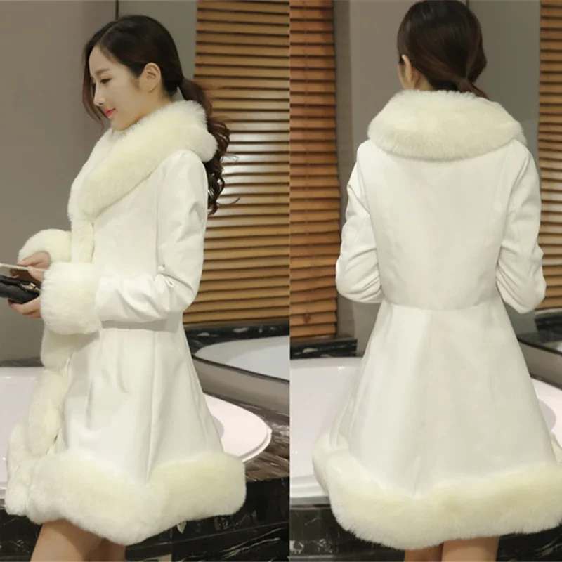 여성용 두꺼운 따뜻한 다운 재킷, PU 가죽 재킷, 모조 여우 모피 칼라, 긴, 겨울, 4XL, JJ123