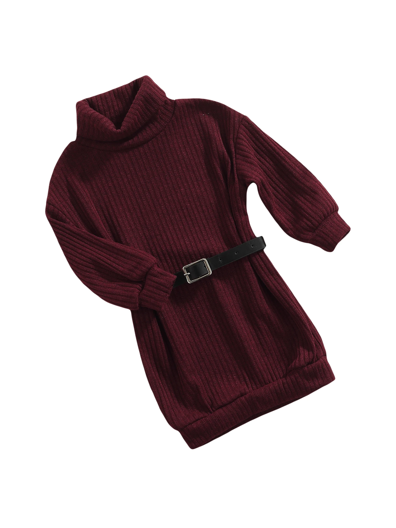 

Girls Casual Outfit Stylish Knit High-Neck Dress with Long Sleeves and Waist Belt Solid Color Loose Skirt for Toddlers 2-7