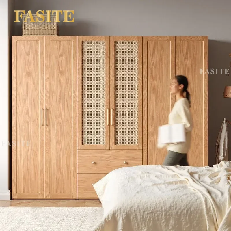 Solid Wood Oak Wardrobe with Rattan Doors Bedroom Storage Cabinet Durable Coat Closet for Small Apartment Home Organization