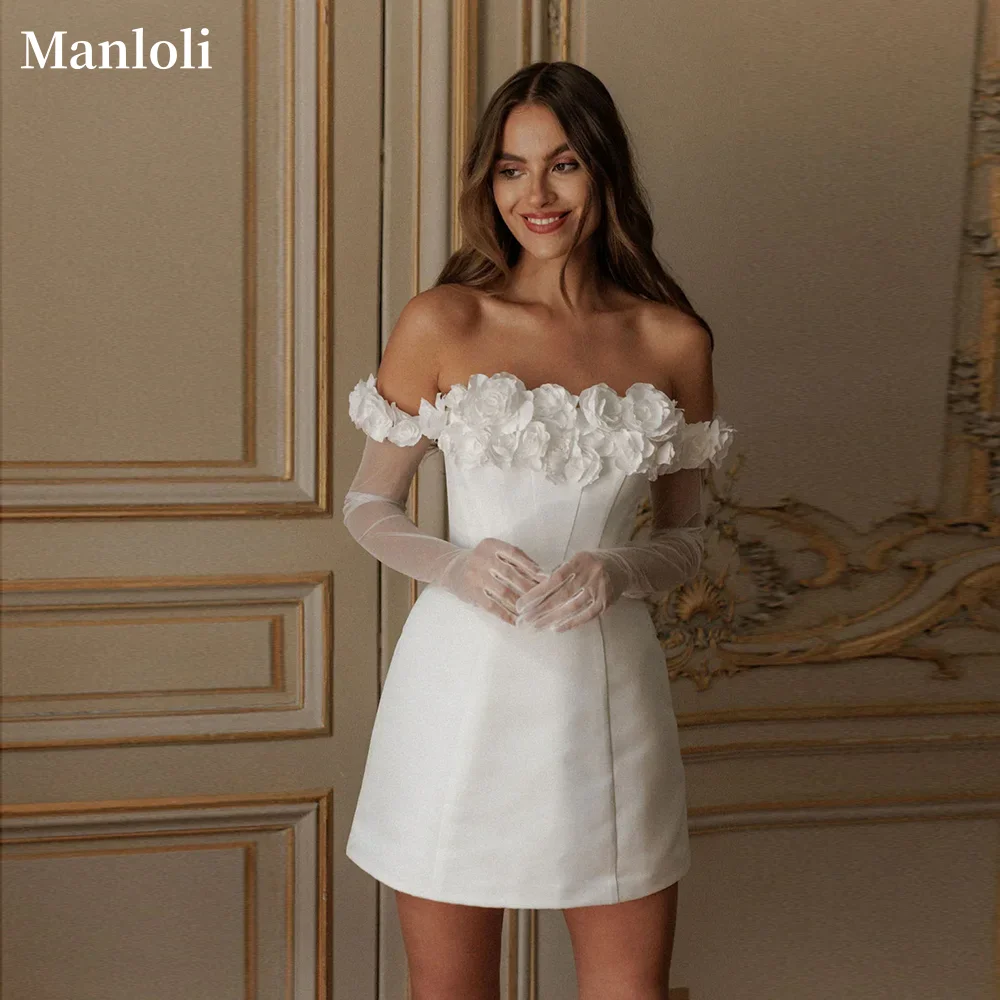 

Elegant off shoulder satin wedding dress Bohemian short mini wedding dress 3D flower backless lace up wedding dress custom