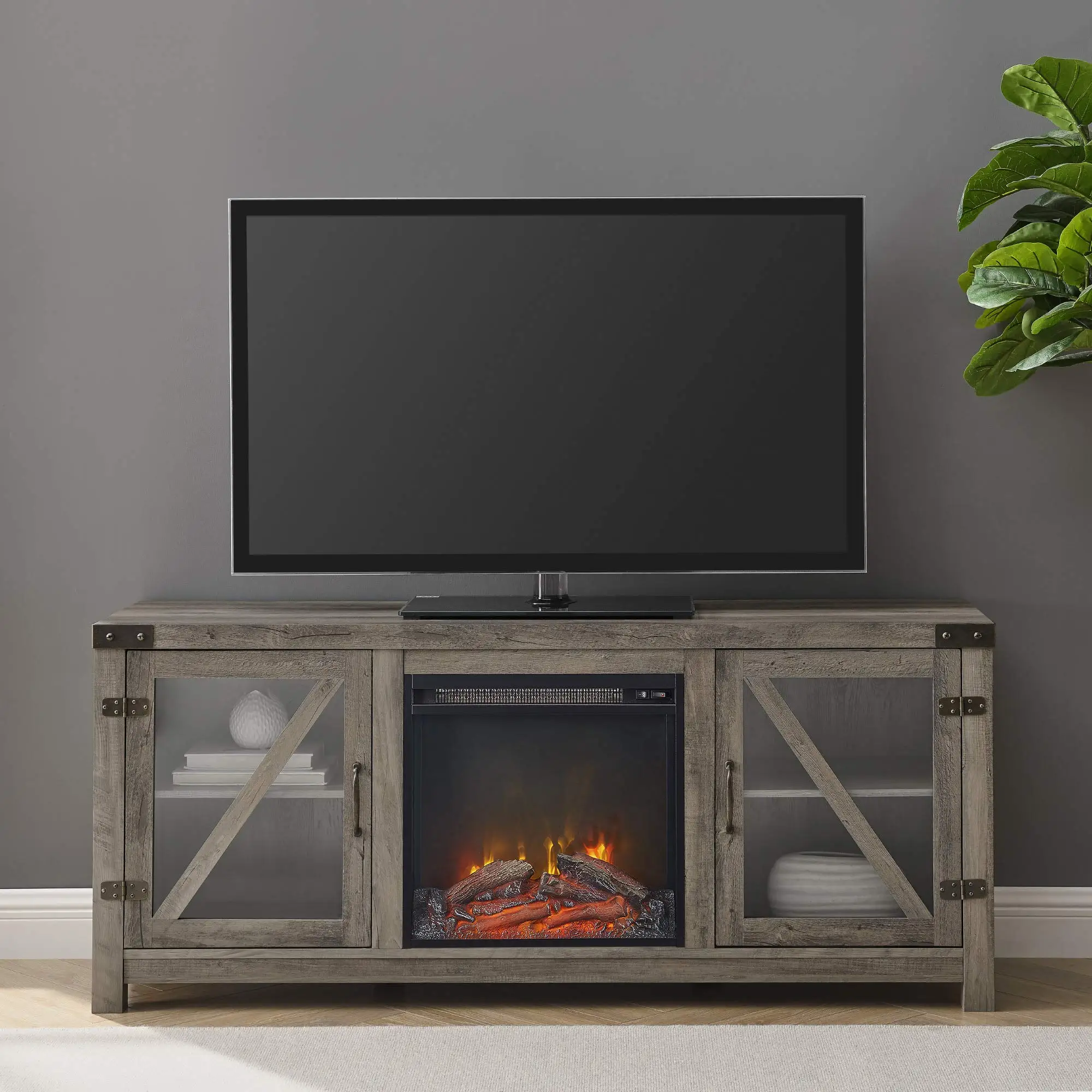 Modern Farmhouse Double Barn Door Fireplace TV Stand for TVs up to 65 Inches, 58 Inch, Grey Wash