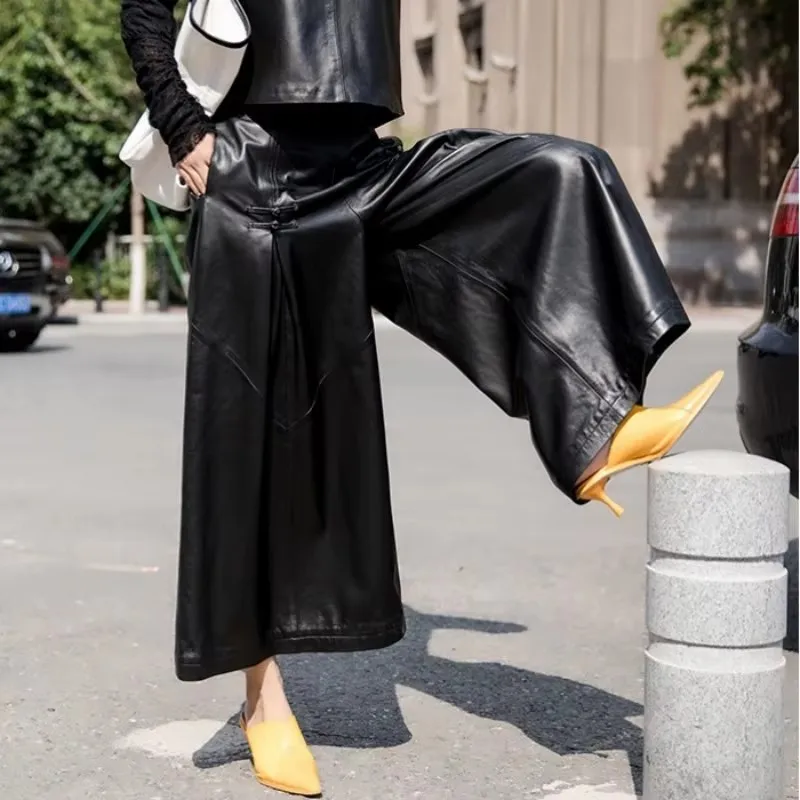 Top Quality Sheepskin Pants Women Spring Autumn Loose Wide Leg Pants Streetwear Vintage Black Elastic Waist Office Lady Trousers