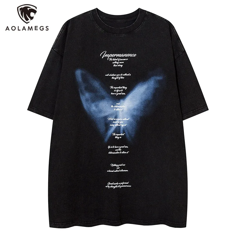 

Aolamegs Men Distressed Short Sleeve T Shirts Butterfly Letter Print T Shirt Hip Hop Streetwear Harajuk Casual Loose Tees Top