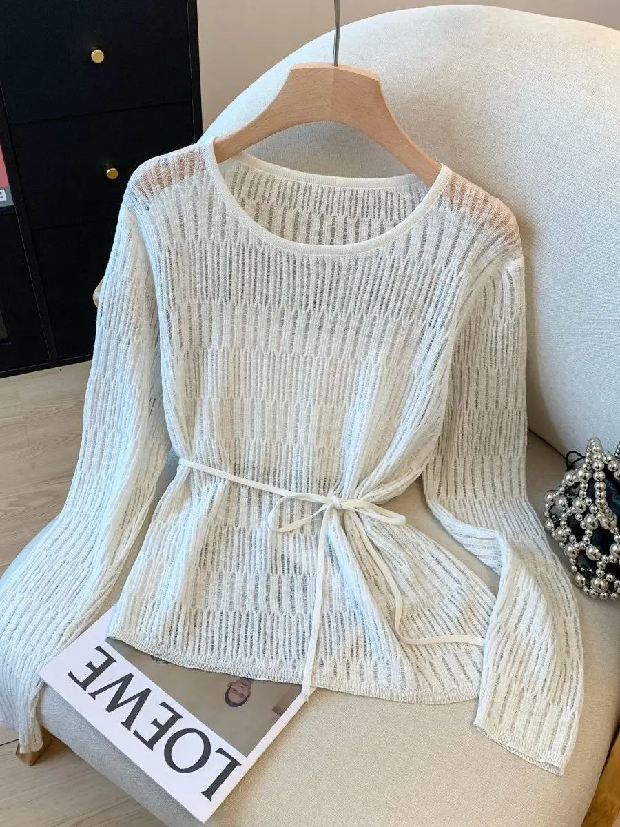Women's Summer Thin Hollow out Knitted Top Belted Loose Fit Sun Protection Trendy Korean Style Long Sleeve round Neck T-shirt