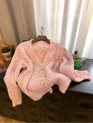 2023 Autumn Winter Pink Knitted Cardigans Sweet Sweater Japanese Preppy Style Luxury Single Breasted Harajuku Jumper Oversize