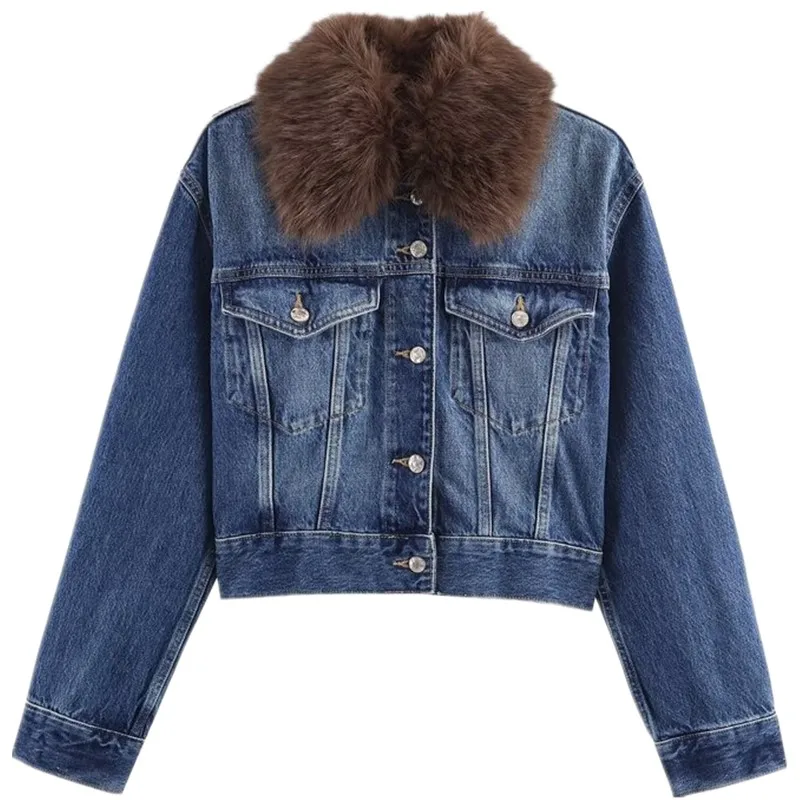 

Fall 2025 New Women's ort Fur Lined Denim Jacket Casual Loose Fit Long Sve Button up Ladies Outerwear