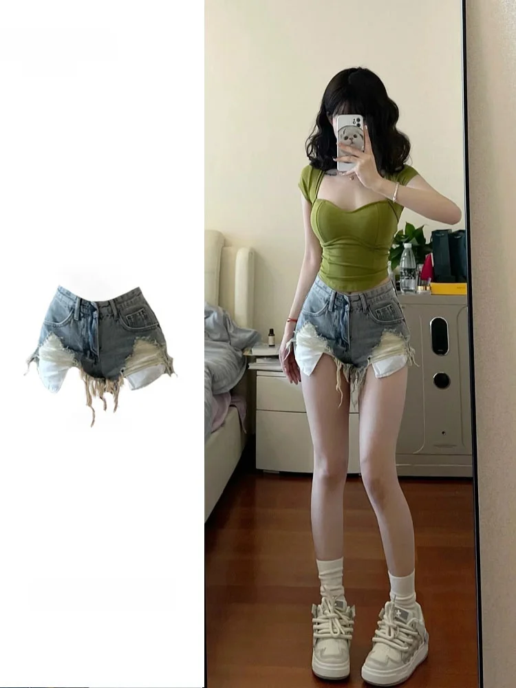 

High Waist Denim Shorts Women's Spring Summer New Style Spicy Girl American Vibe Shorts A-Line Hem Hot Pants Deep Blue