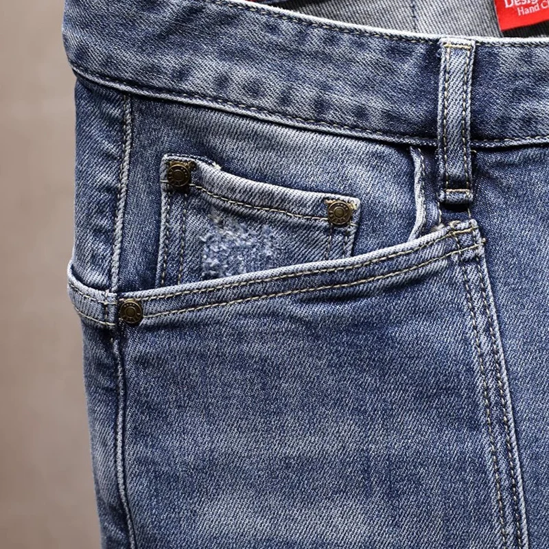 High Street กางเกงยีนส์แฟชั่นผู้ชาย Retro Blue ยืด Slim Fit Ripped กางเกงยีนส์ผู้ชายหลายกระเป๋า Hip Hop Y2K Denim Cargo กางเกง Hombre