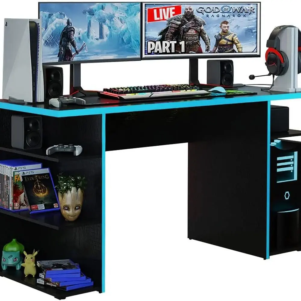 53 مكتب ألعاب مع 5 أرفف، إدارة كابلات، للدراسة والمكتب المنزلي والأطفال والكبار - أسود/أزرق