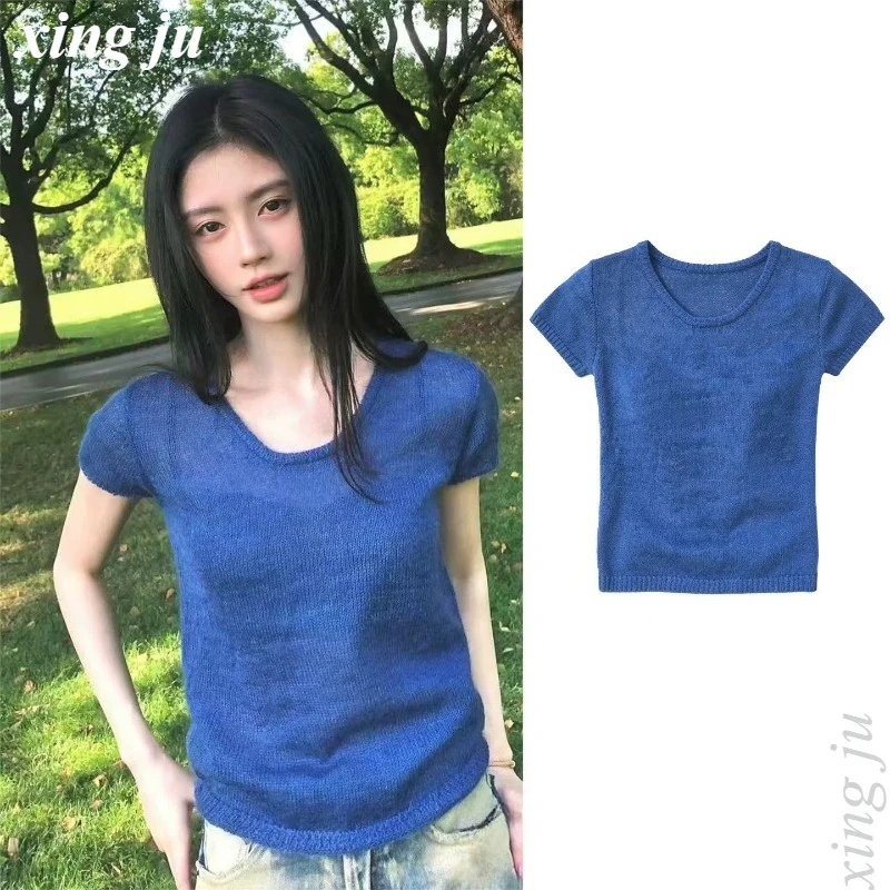 

Xing Ju Kpop Korean Women Jazz Dance Summer Blue Short-Sleeved Knit Tops Female Stage Costume Birthday Party DJ Performance Wear