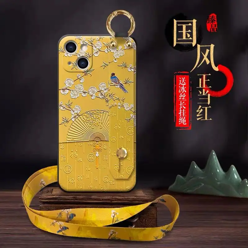 

For IPhone 13 Phone Case Strap 15pro Wristband 11 Chinese Style Iphone 14pro Women's 12 Protective Case 8p Soft Case