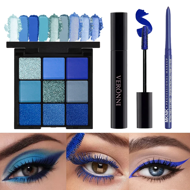 3Pcs Blue Eye Makeup Set,9 Color Matte Glitter Eyeshadow Palette+Blue Mascara+Eyeliner Pencil Waterproof Long Lasting for Party