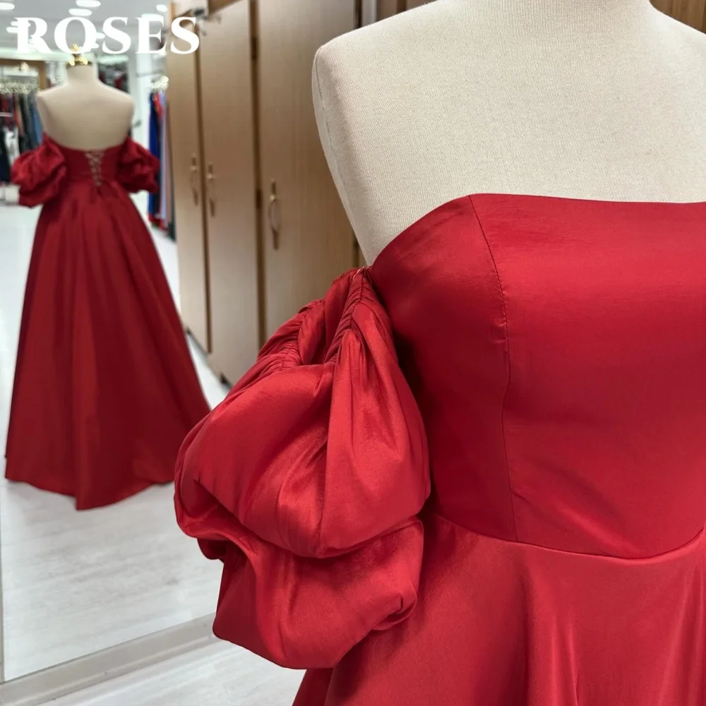 ROSES Rode elegante rugloze galajurk Strapless galajurk met pofmouwen voor dames Satijnen A-lijn Celebrity-jurken Francomo Question Op maat