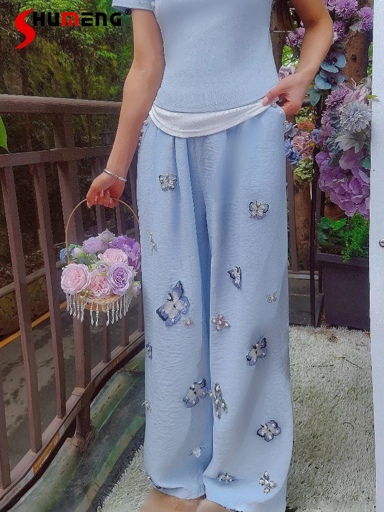 

Women's 2026 Spring New High-end Trousers Beaded Three-dimensional Handmade Embroidered Pants Butterfly Sequins Wide Leg Pants