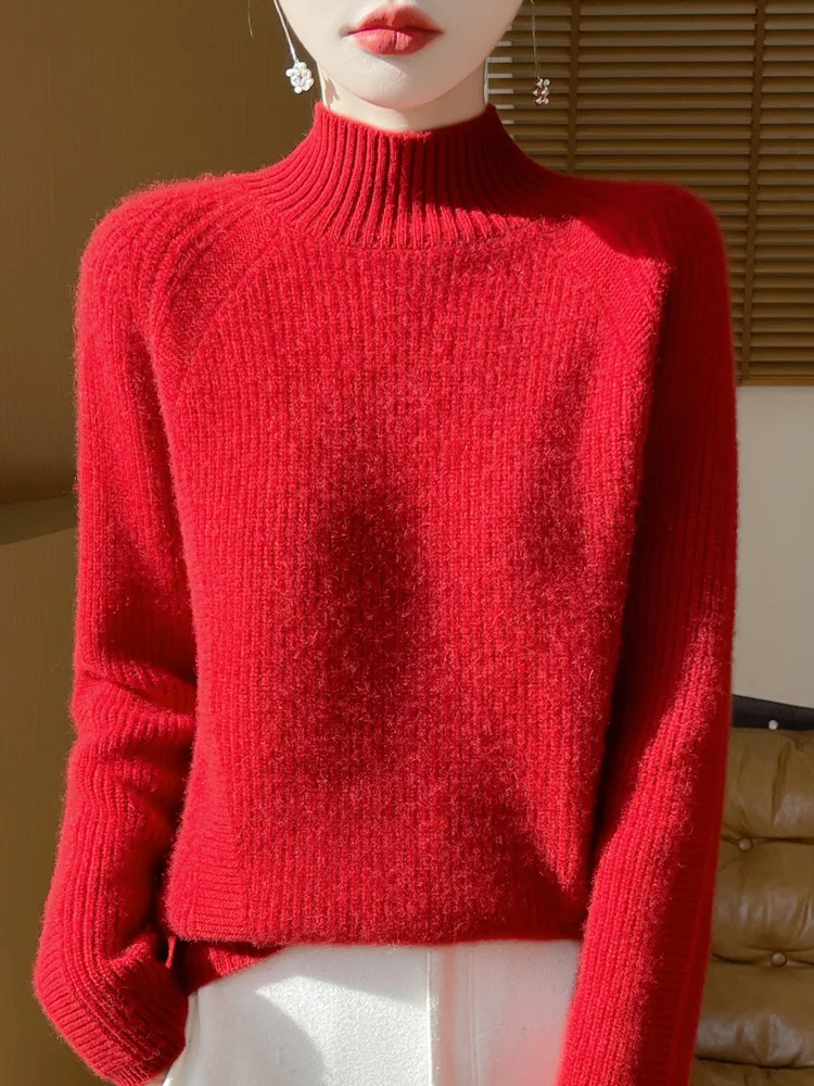 جديد المرأة 100% ميرينو رداء علوي من الصوف نصف الياقة العالية البلوفرات الخريف الشتاء سميكة الصوف الخالص تريكو الملابس #6