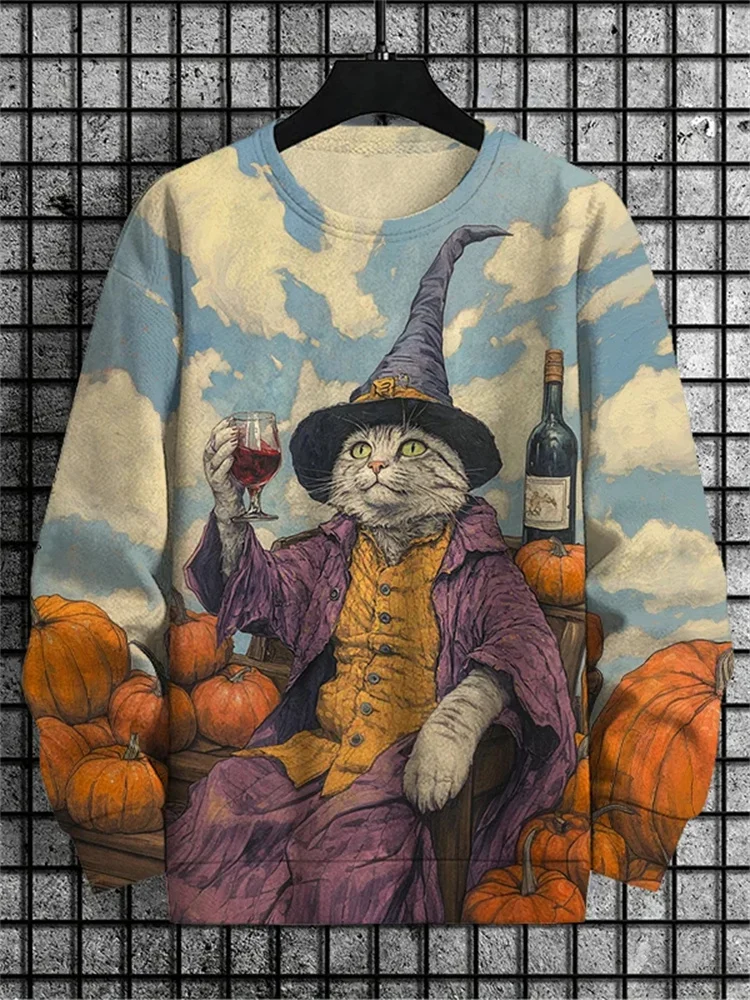 

3D Print Cat Wizard Graphic Men's Women's O-Neck Hoodies Autumn Casual Long Sleeve Sweatshirts Halloween Pumpkin Pattern Clothes
