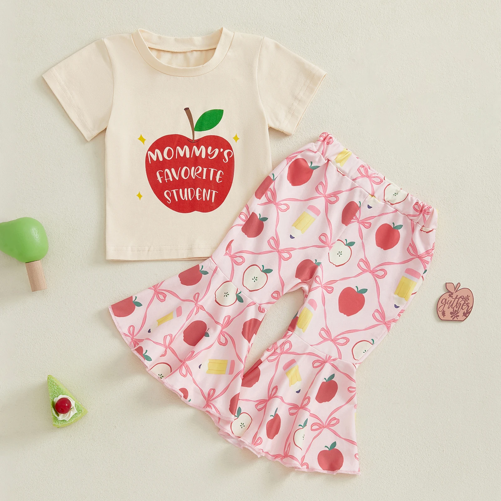 

Toddler Girl Summer Outfits Short Sleeve Apple Print Tops Flare Pants Headband Set Baby Clothes