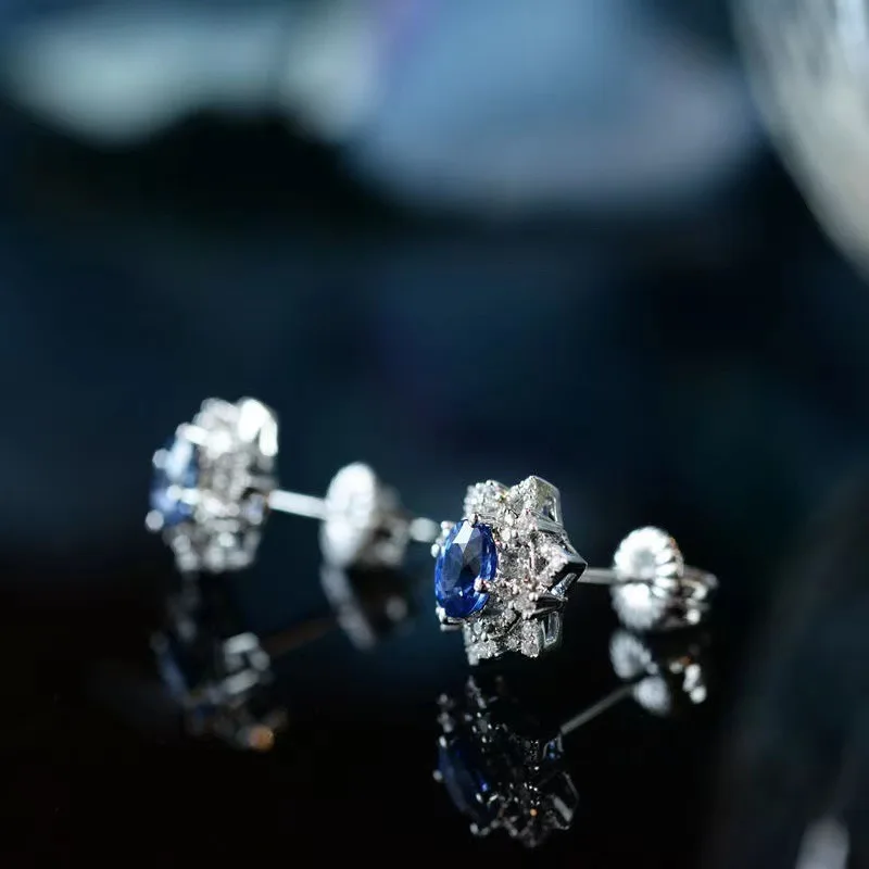 Deep Blue Sparkling Gemstone Flower Earings Stud Silver Inlaid Crystal Light Luxury Earrings for Women Exquisite Charms Jewelry