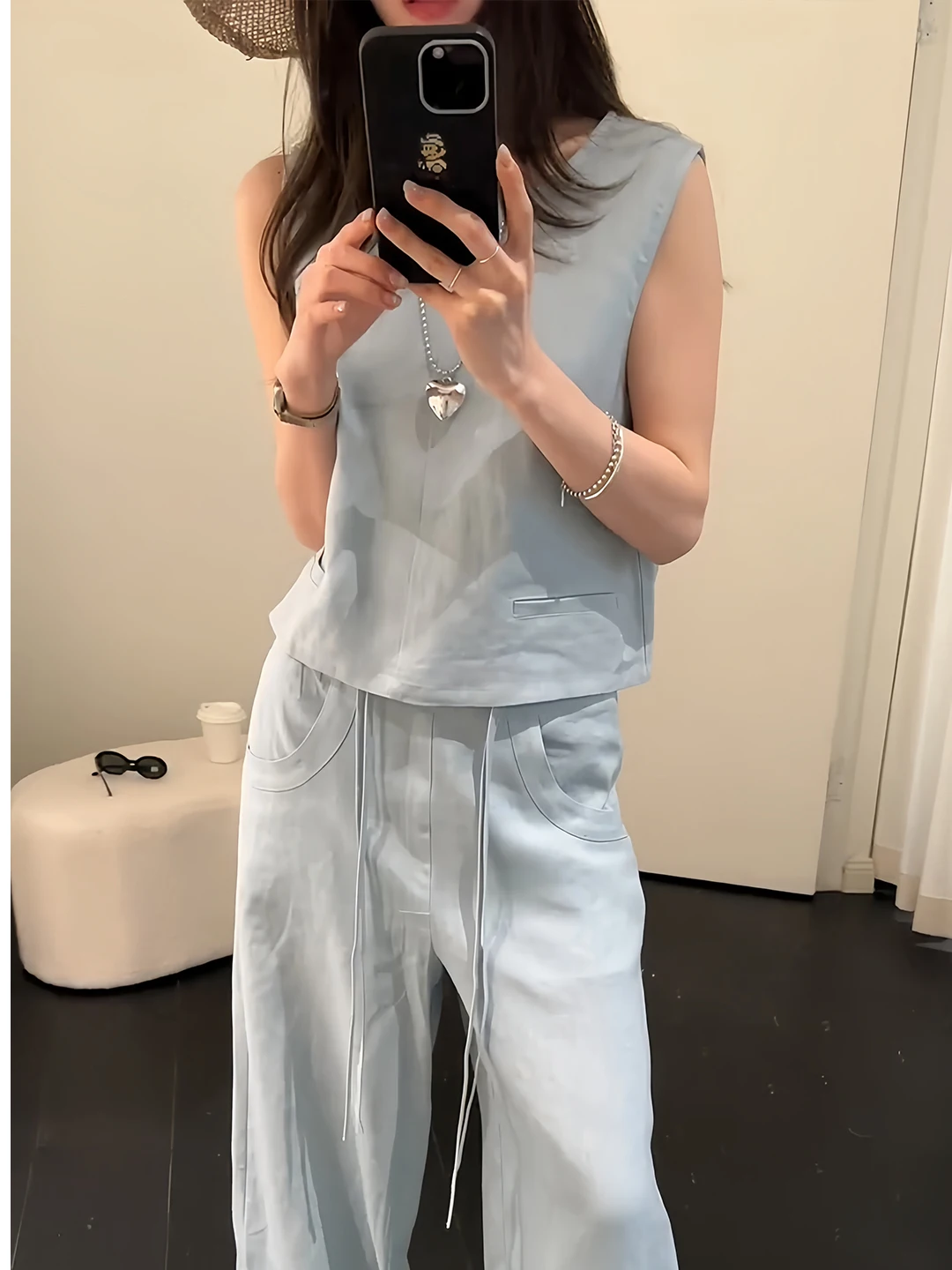 Korean Lazy Style Sleeveless Vest Set Women Summer Age Reducing Versatile Top Tank Wide Leg Pants Two Piece Set Casual Fashion
