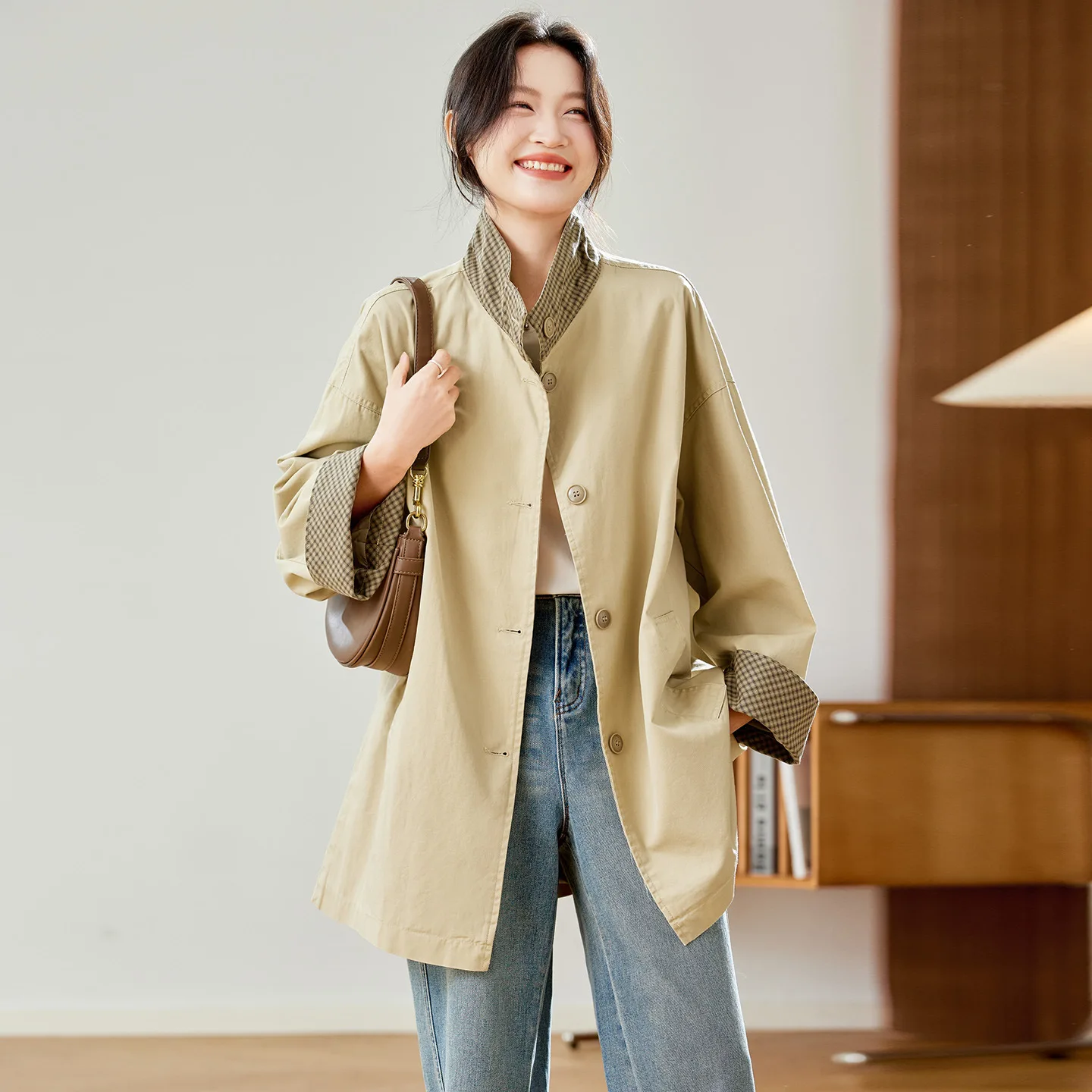 

Khaki Color Women's Mid-Length Faionable Coat Spring Autumn Winter Outerwear Korean Sle Cotton on Large Coat