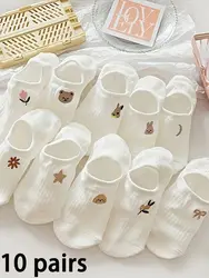 10 Pairs Comfy & Stretchy Women's Cartoon Ankle Socks - Invisible Polyester/Spandex Blend, Fun Embroidery