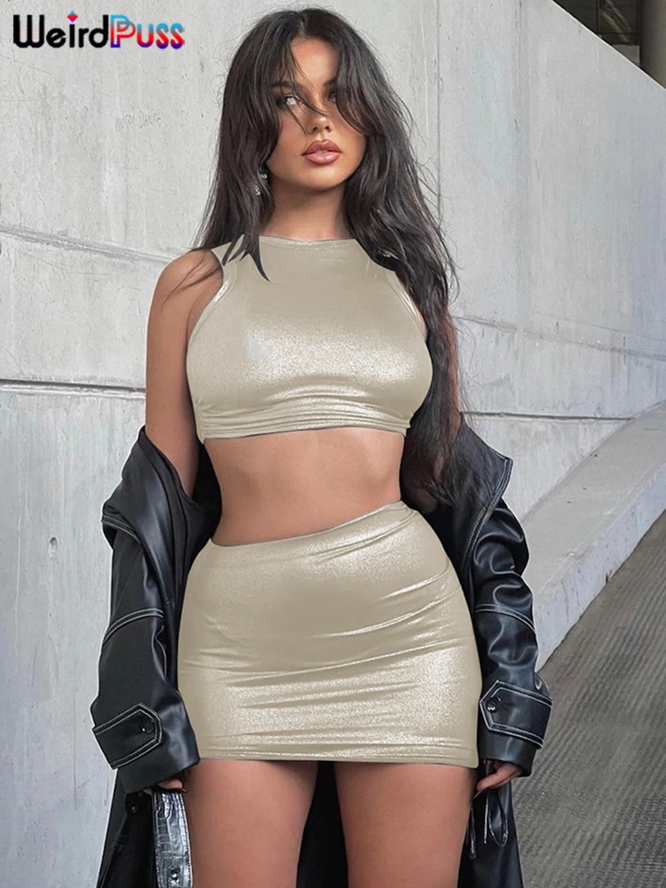 Weird Puss See Through Shiny 2 Piece Set Women Simple Waistless Tank Tops+Shirring Sexy Skirt Matching Streetwear Trend Outfits