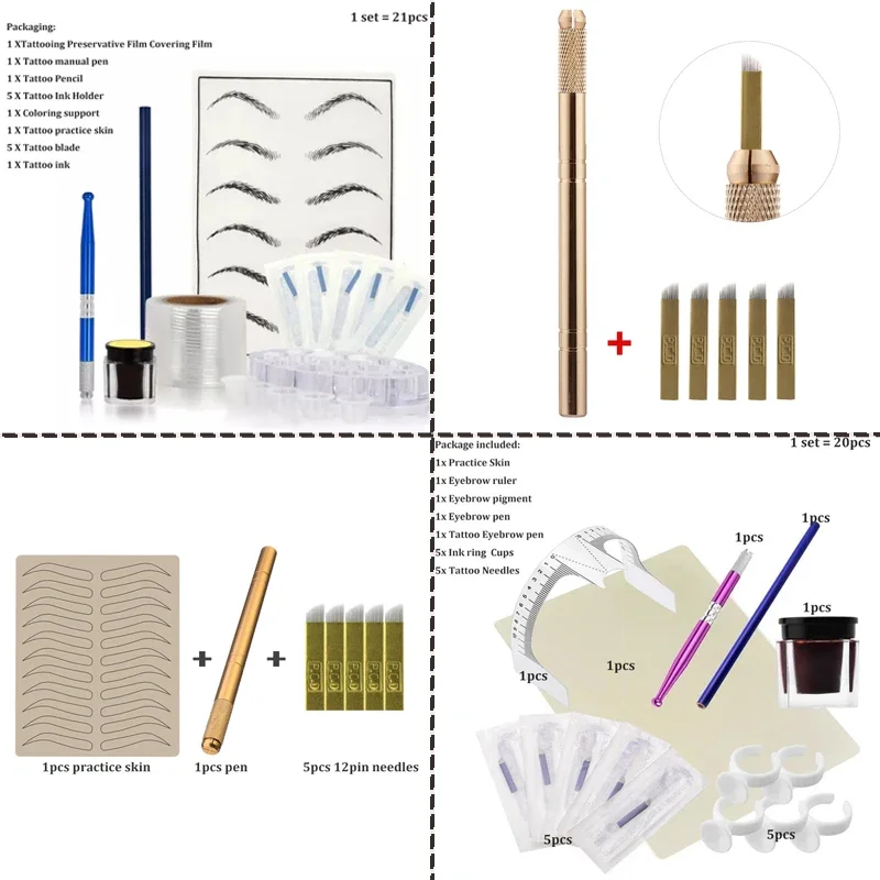 Eyebrow Tattoo Microblading Needle Blades Set Handmade Set Pigment Practice Kit Tattoo Pigment Rings Permanent Makeup Pen Set