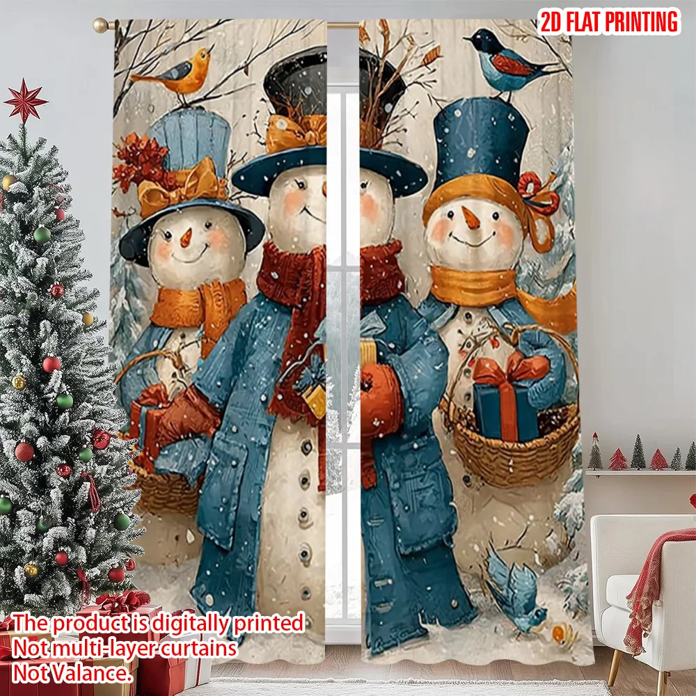 

2pcs 2D flat printing Merry Christmas Popular Curtain Snowman_ Versatile Polyester Fabric Without Electricity Birthday Party Use
