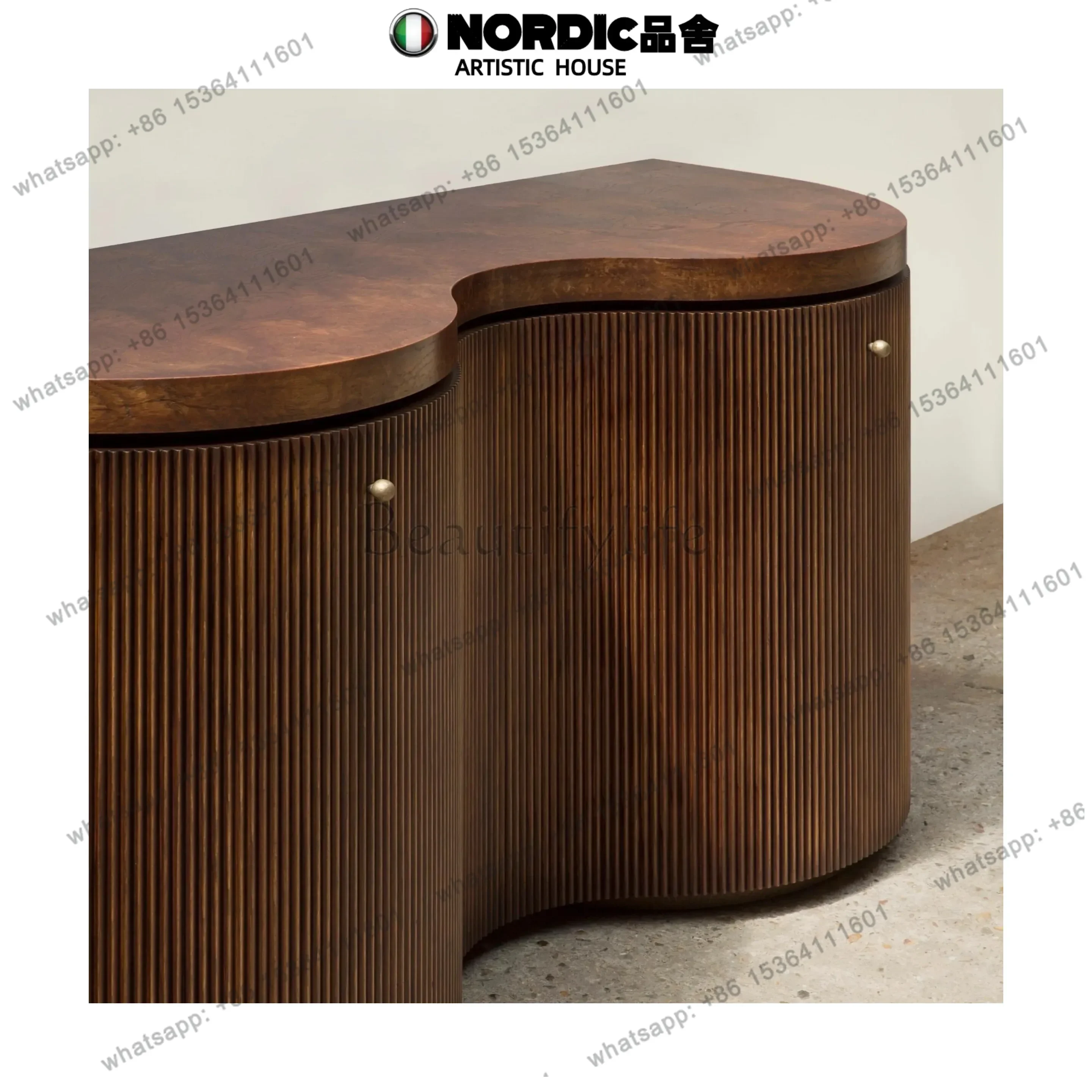 Medieval Style  Art Wave Curved Dining Side Cabinet Sandy Style Retro Storage Cabinet American Country