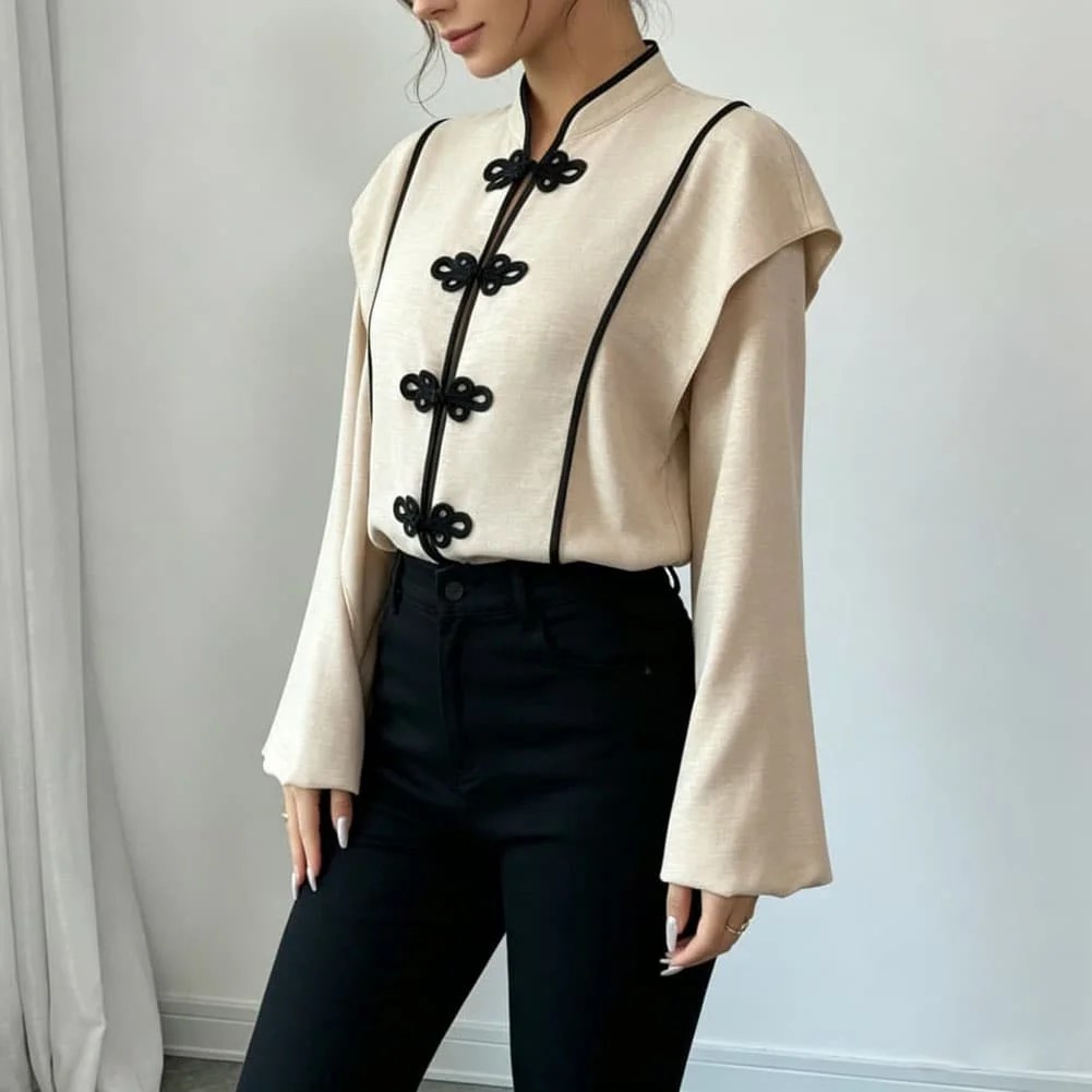 Women's Button-Front Stand-Up Collar Loose-Fit Long-Sleeve T-Shirt
