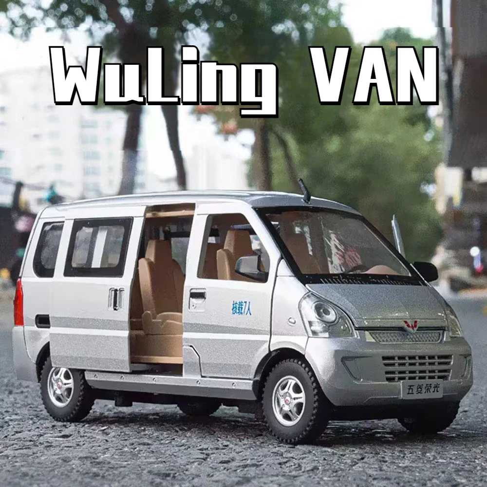 

1/24 WuLing RongGuang Van Car Model Toy Diecast Alloy Metal Pull Back 6 Doors Opened Minibus Vehicle for Boys Gifts Collection