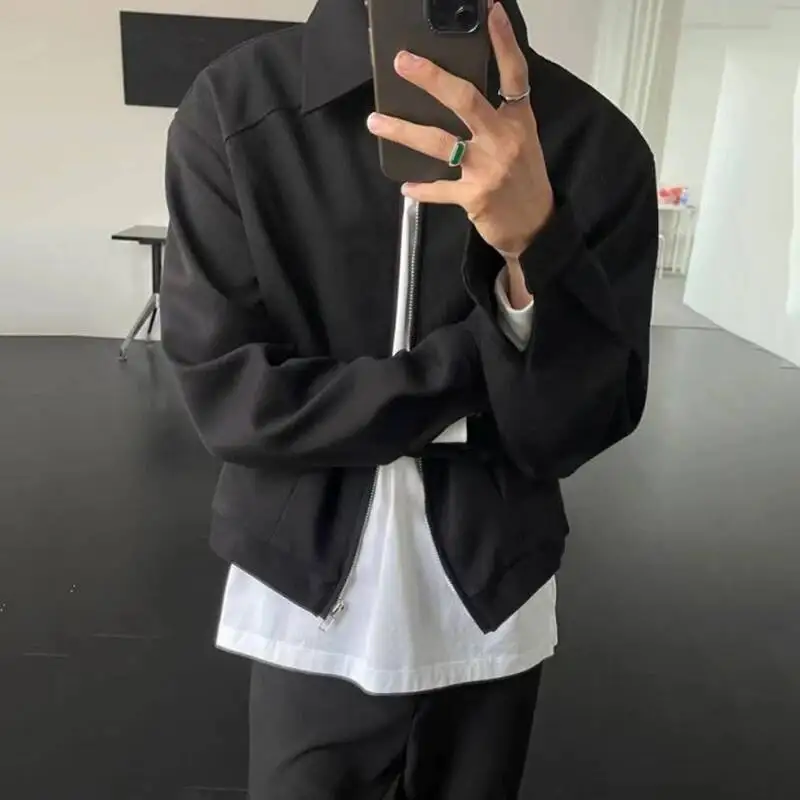 Korean Style Men's Jackets Solid Color Turn-down Collar Zipper Casual Cleanfit Clothing Loose All-match Male Coats CDY6