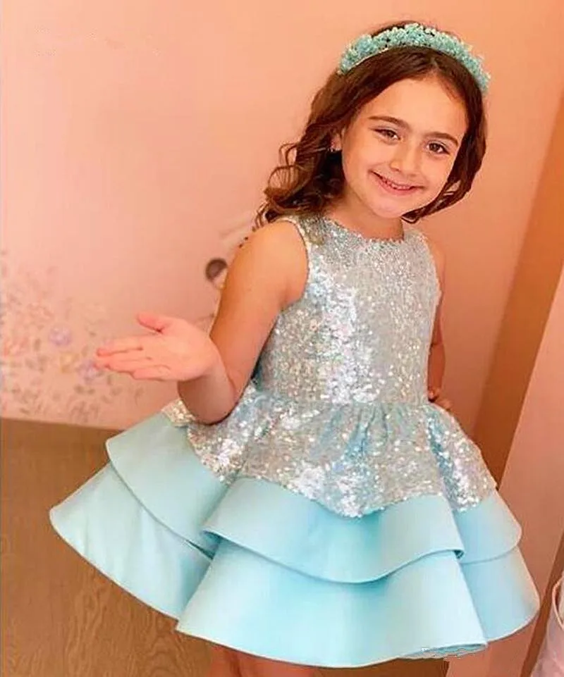 Sequin Top En Ruche Vlek Rok Korte Kids Bloemenmeisje Jurk Voor Bruiloft Prinses Boog Party Verjaardag Meisjes Avondjurken