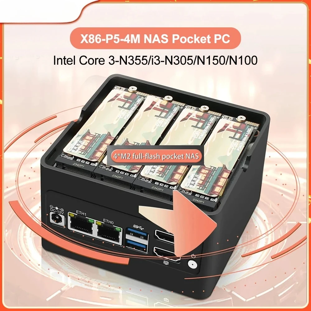 Nuovo X86-P5-4M NAS Pocket PC Intel Core 3-N355 N305 N150 N100 4xM.2 NVMe Scheda DDR5 2xHD 2xi226-V 2.5G Firewall Mini PC Computer